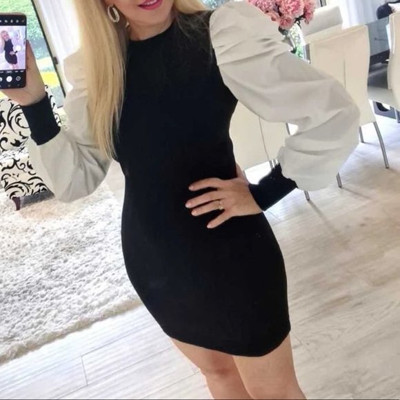 Colorblock Lantern Sleeve Rib-knit Dress - Picture 6 of 6